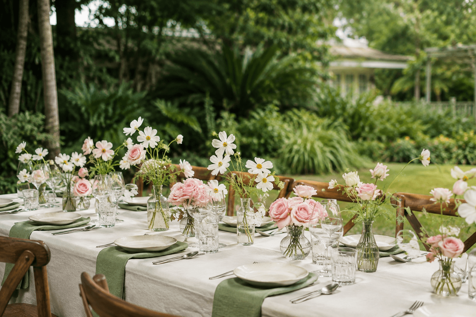Garden reception inspiration with blush flowers, sage napkins, and an intimate table setting